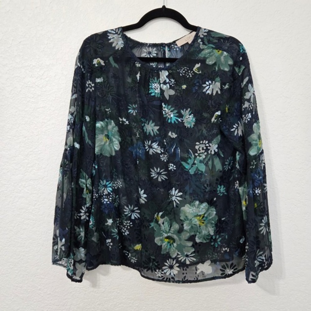 LOFT Women's M Floral Print Long Sleeve Blouse Top Semi‎ Sheer Crushed Velvet